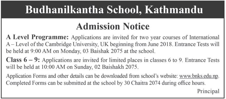 Budhanilkantha School Admission Open for A Levels