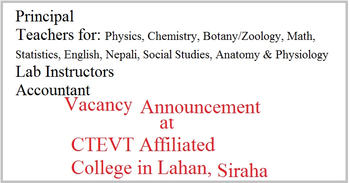 Vacancy Announcement at CTEVT Affiliated College in Lahan, Siraha