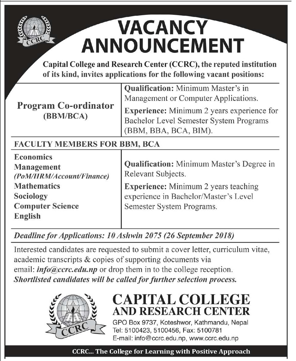 Capital College and Research Center (CCRC) Vacancy