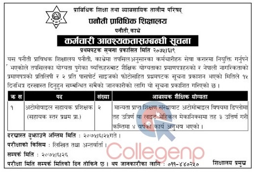 Panauti Technical School Vacancy