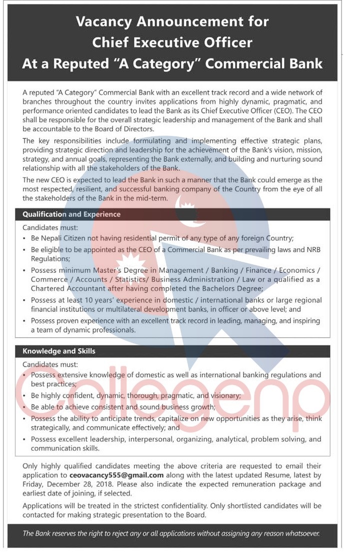 CEO Vacancy in Commercial Bank