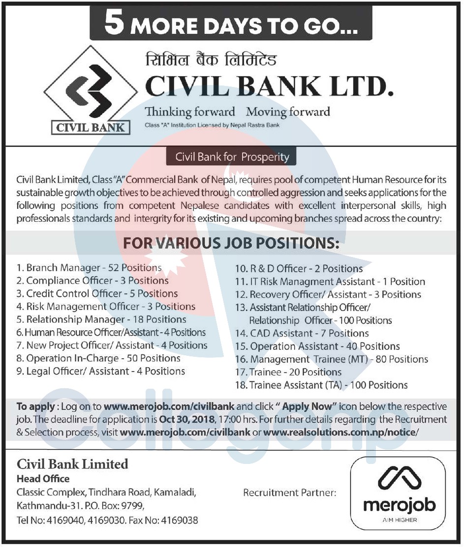 Civil Bank Limited Job Vacancy Reminder Notice