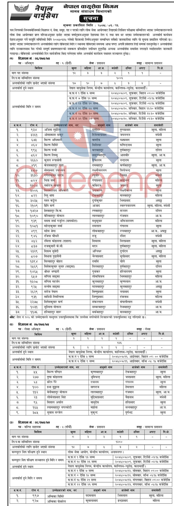 Nepal Airlines Corporation Job Vacancy Final Result Notice