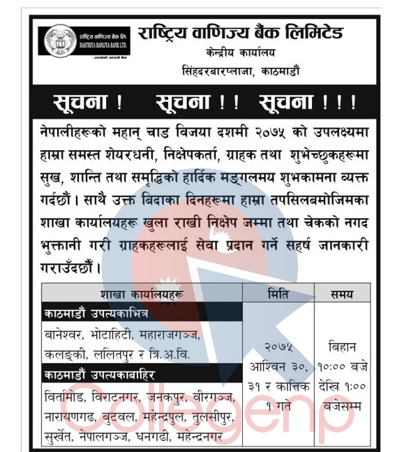 Rastriya Banijya Bank Dashain Notice 2075