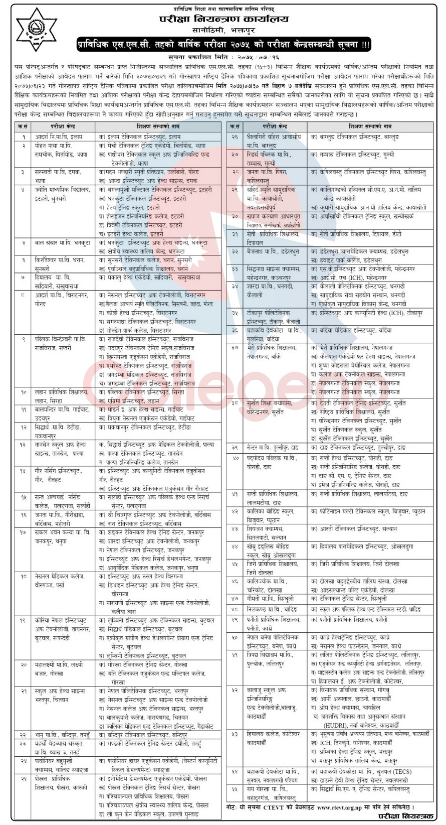 CTEVT Published Examination Center for TSLC Exam 2075