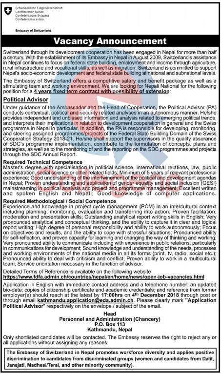 Embassy of Switzerland in Nepal Job Vacancy Notice