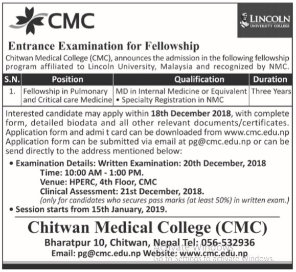 Entrance Examination for Fellowship at Chitwan Medical College