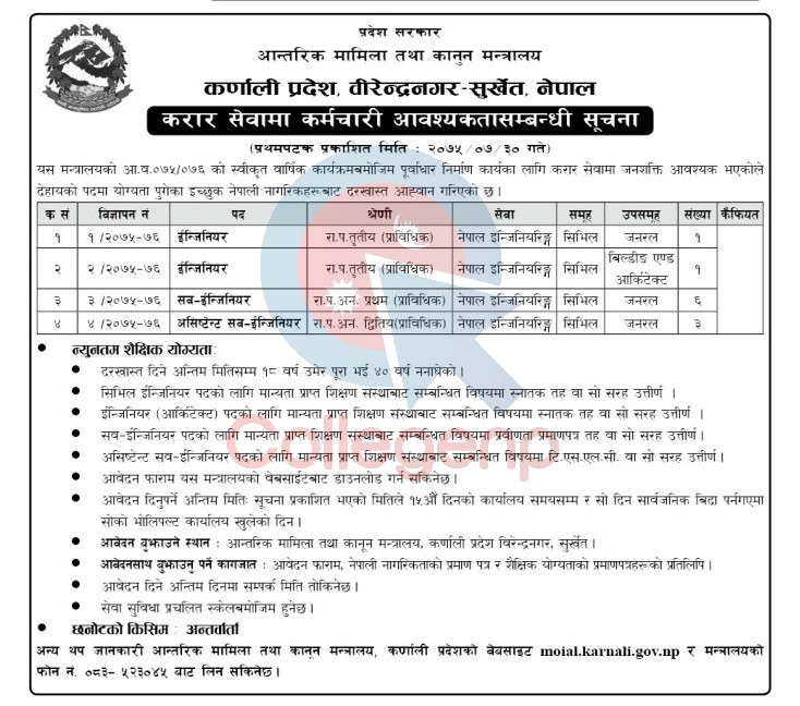 Ministry of Internal Affair and Law, Karnali Province Job Vacancy Notice