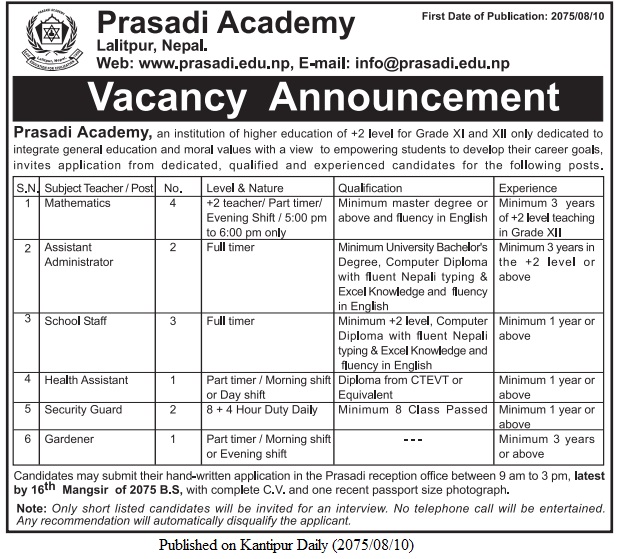 Prasadi Academy Job Vacancy