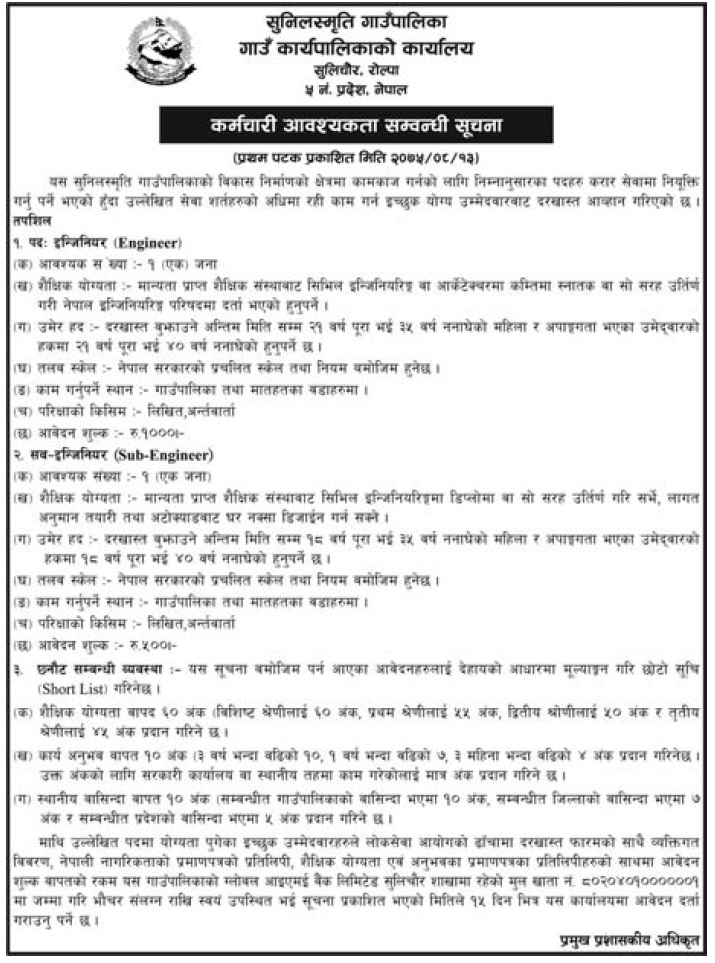Sunil Smriti Rural Municipality Job Vacancy