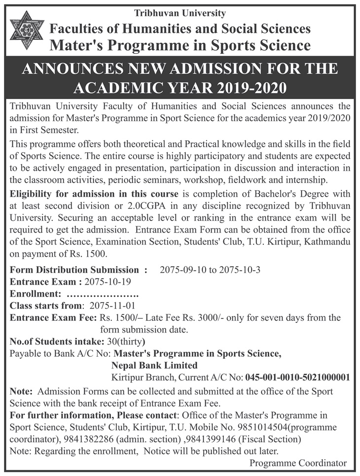 Admission open to Master in Sports Science (MSS) at Tribhuvan University