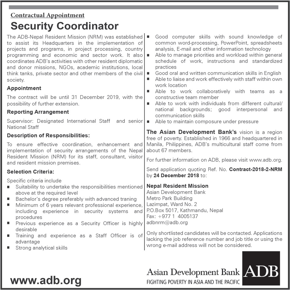Asian Development Bank Vacancy Notice