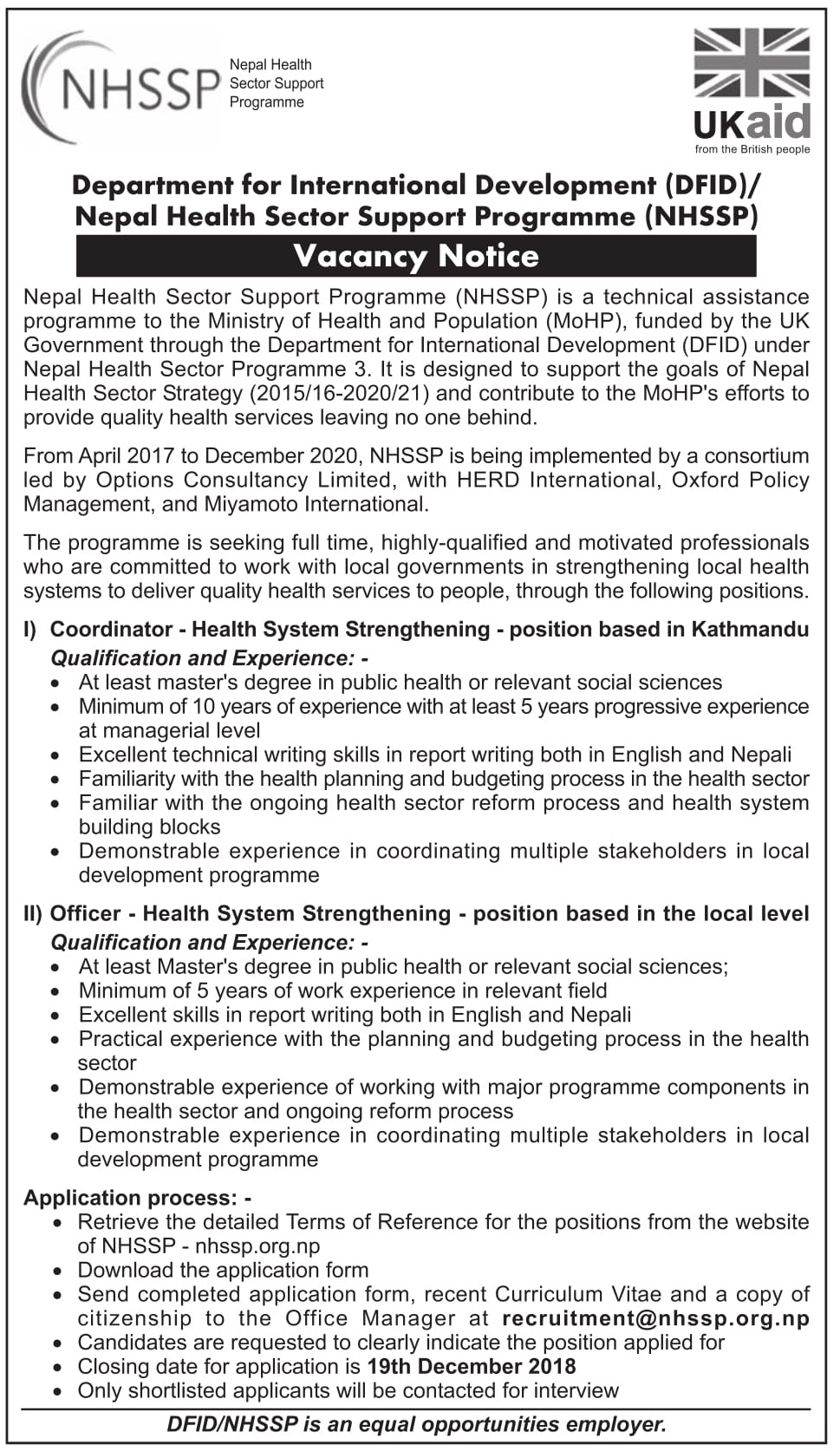 DFID and NHSSP Job Vacancy Notice