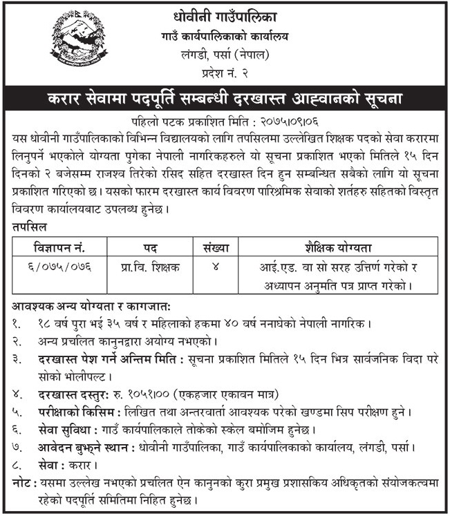 Dhobini Rural Municipality Teacher Vacancy