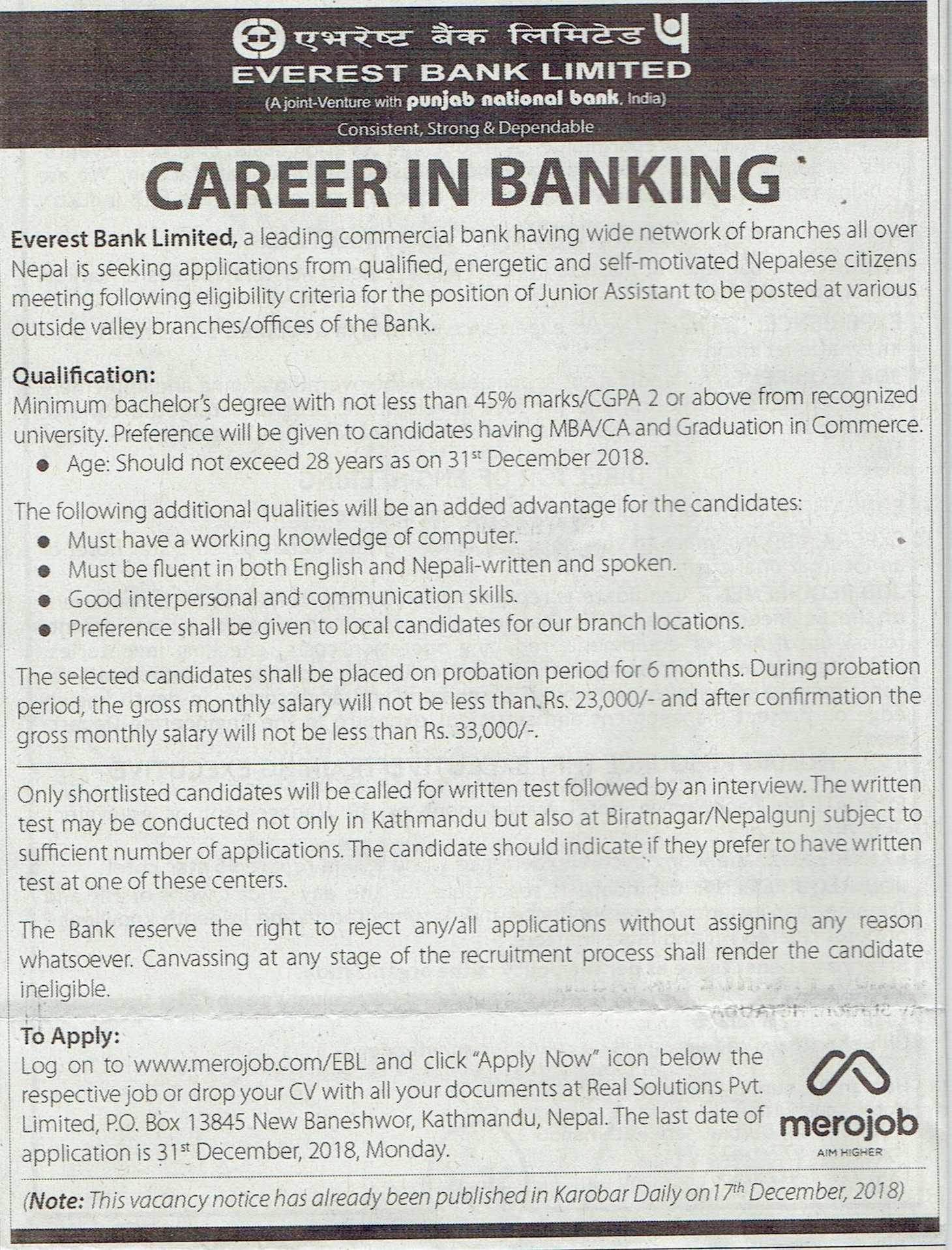 Everest Bank Limited Vacancy
