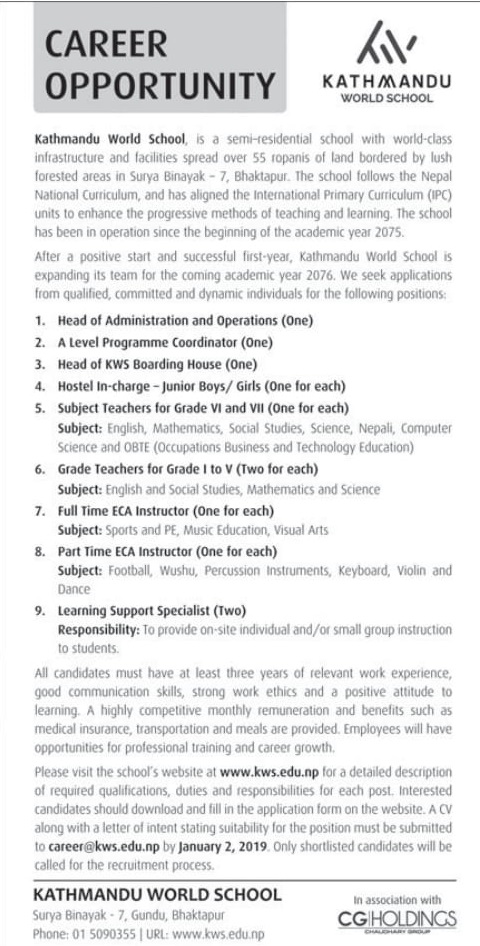 Kathmandu World School Vacancy