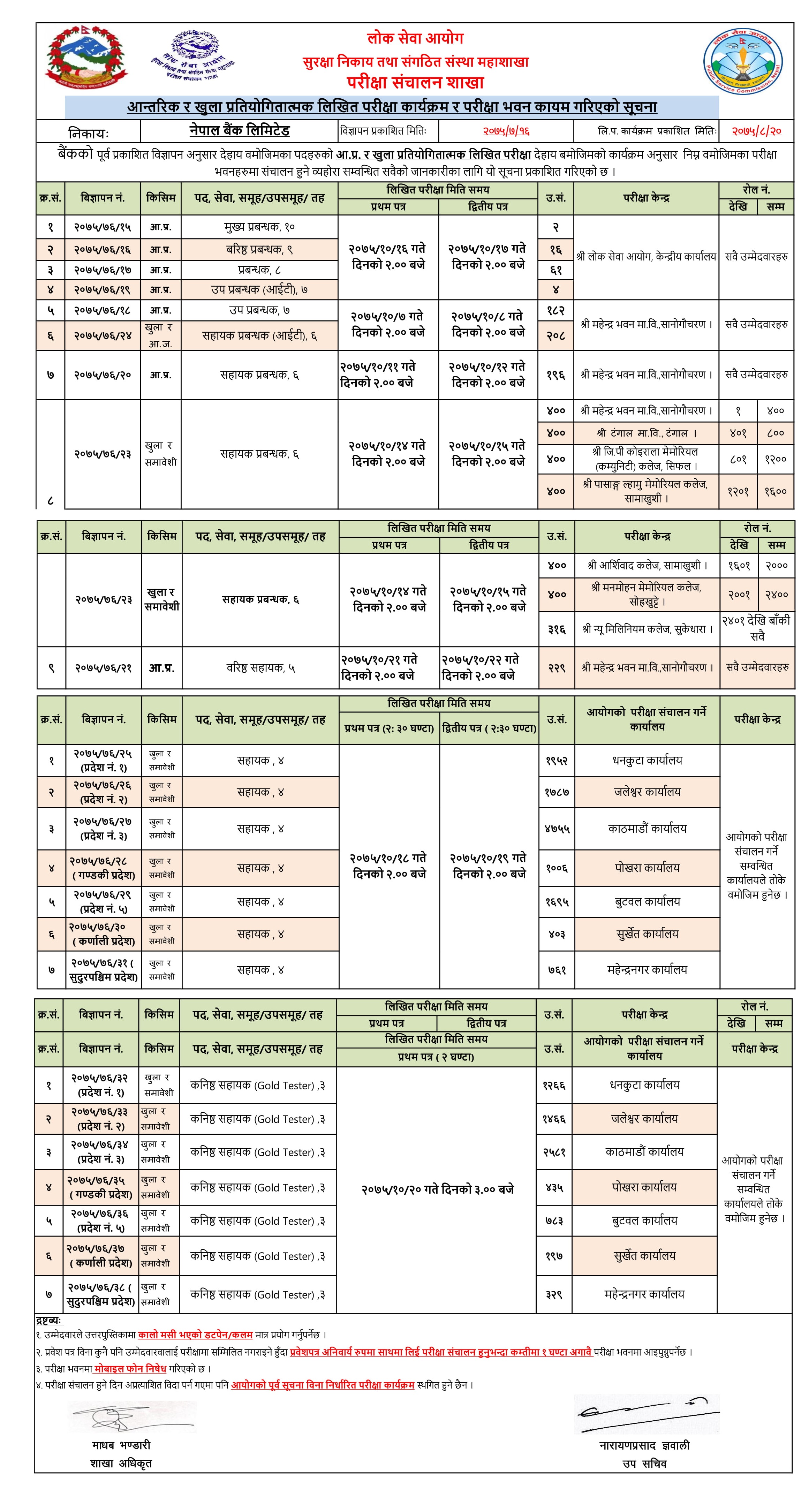 Lok Sewa Aayog Notice for Written Exam and Exam Center