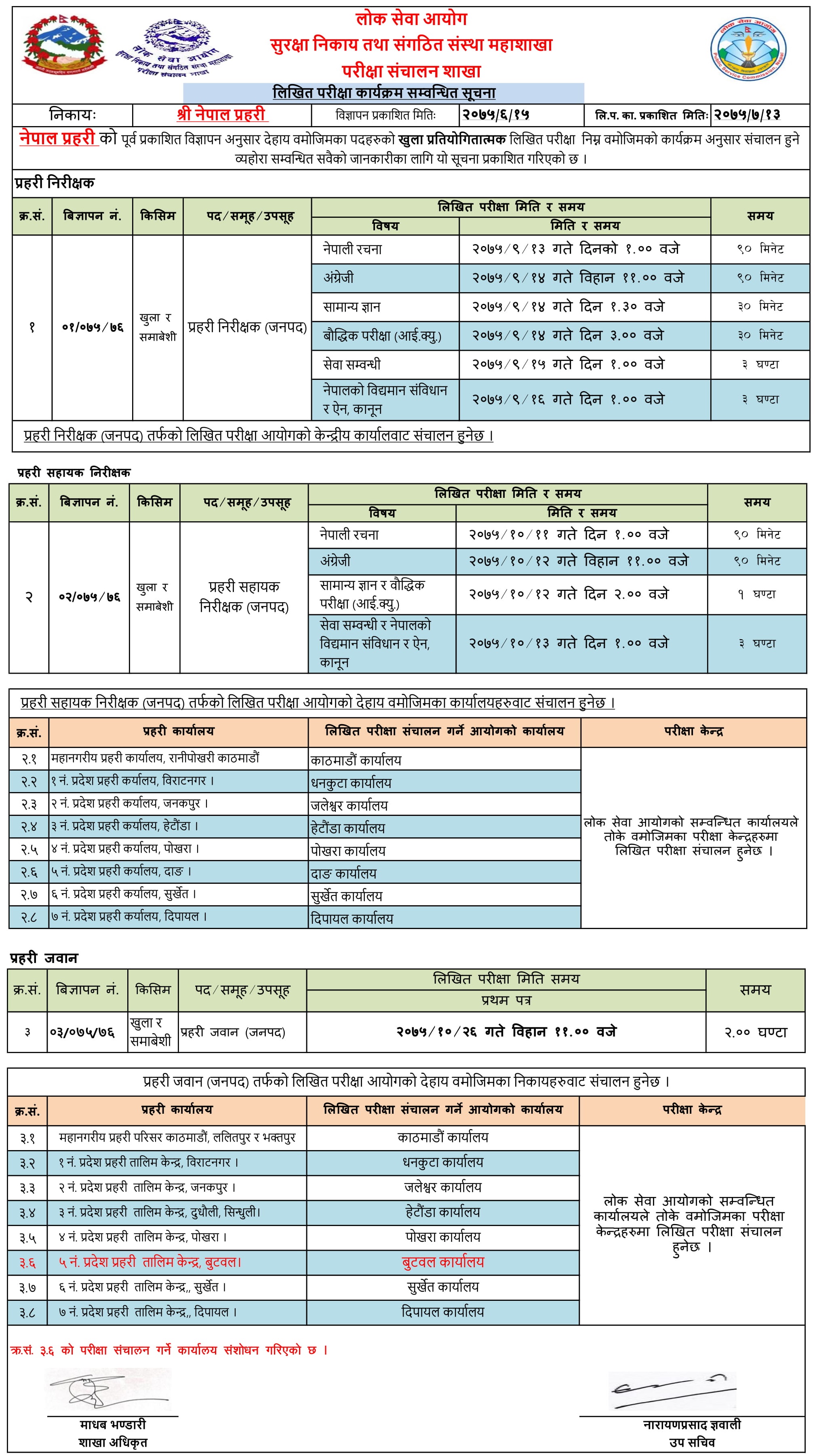 Lok Sewa Aayog Published Nepal Police INSPECTOR, ASI, JAWAN, Written Examination Schedule