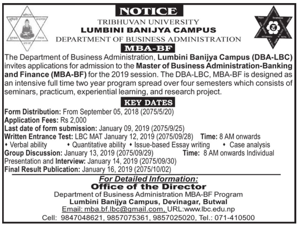 MBA Banking and MBA Finance Admission Open at Lumbini Banijya Campus