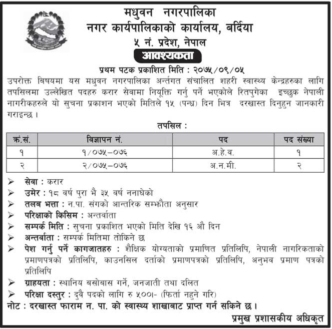 Madhuban Municipality Vacancy Notice
