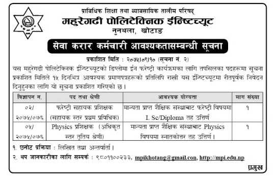 Mahuregadhi Polytechnic Institute Vacancy