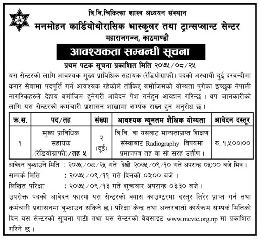 Manmohan Cardiothoracic Vascular and Transplant Center Vacancy Notice