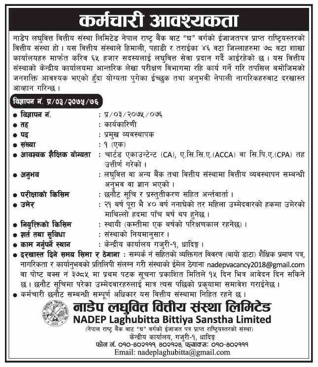 NADEP Laghubitta Bittiya Sanstha Limited Vacancy