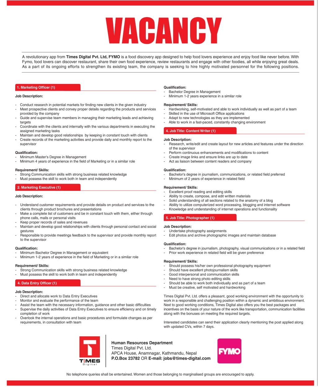 Times Digital Vacancy Notice