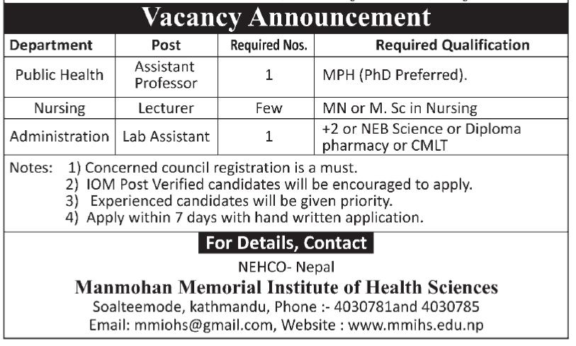 Vacancy Notice from Manmohan Memorial Institute of Health Sciences