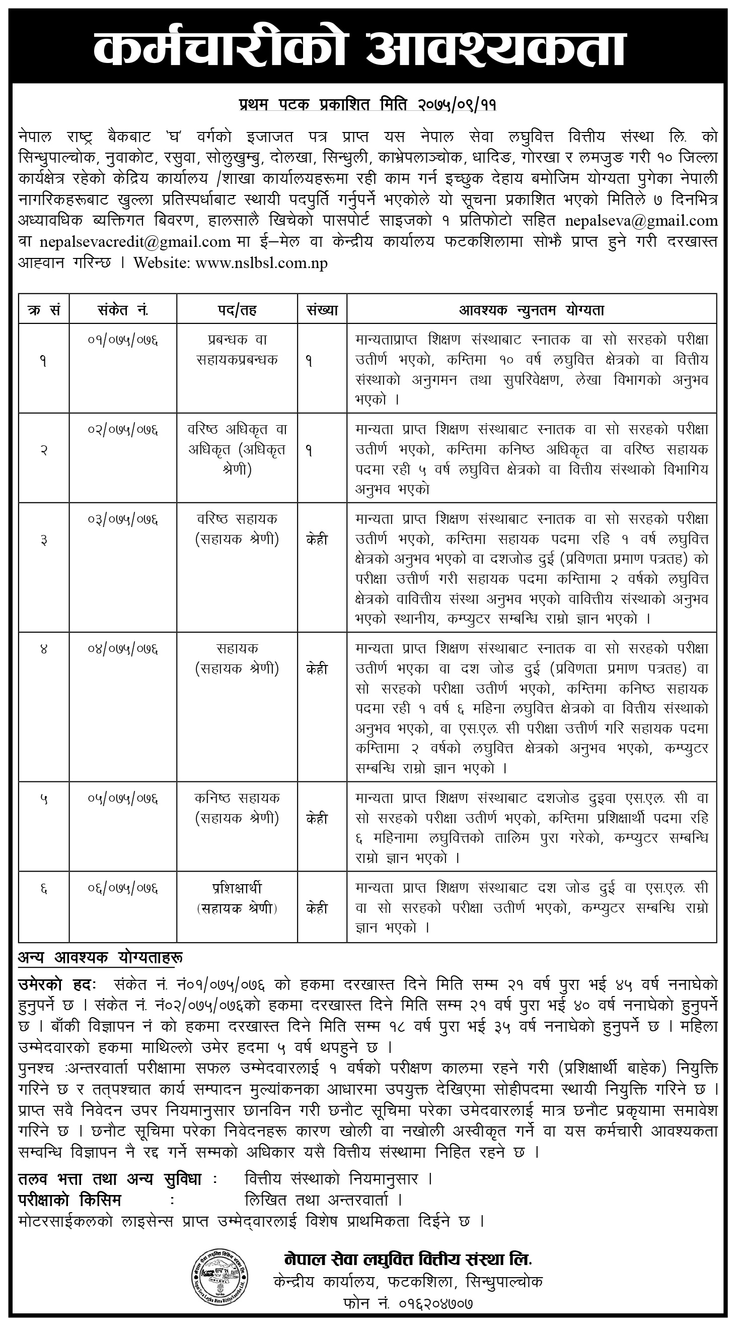 Vacancy Notice from Nepal Sewa Laghubitta Bittiya Sanstha Limited