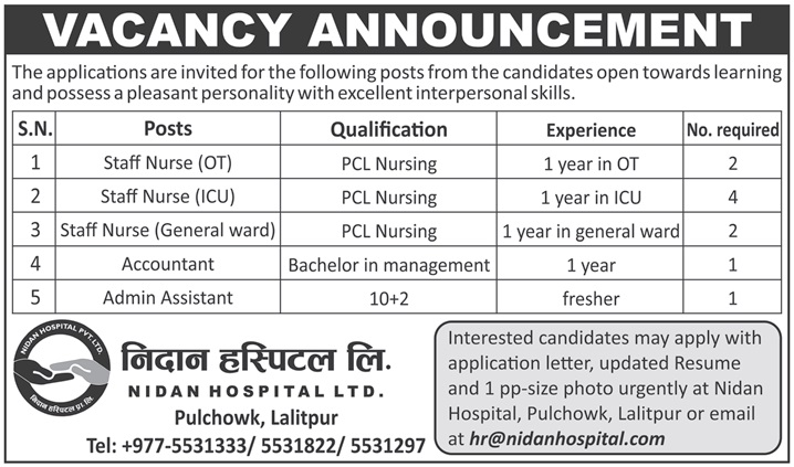 Vacancy Notice from Nidan Hospital