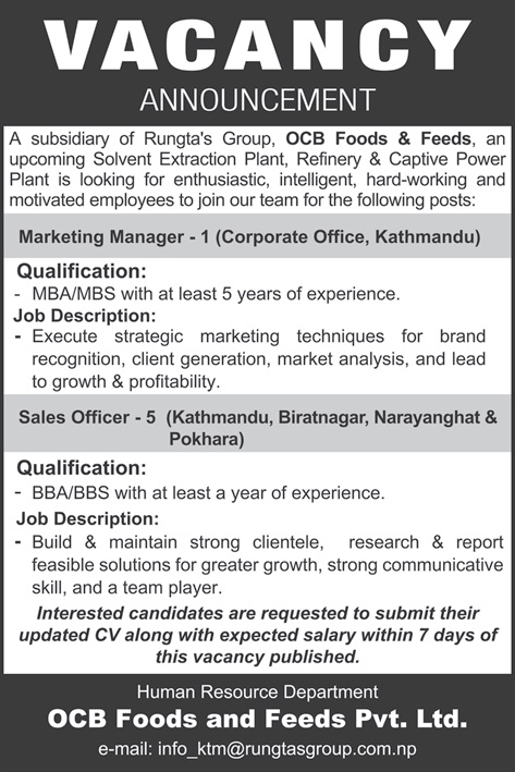 Vacancy from OCB Foods and Feeds