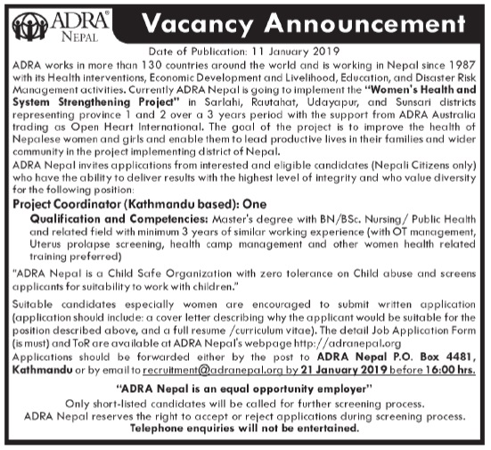 ADRA Nepal Vacancy for Project Coordinator