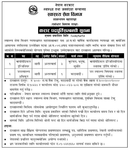 Department of Health Services Vacancy