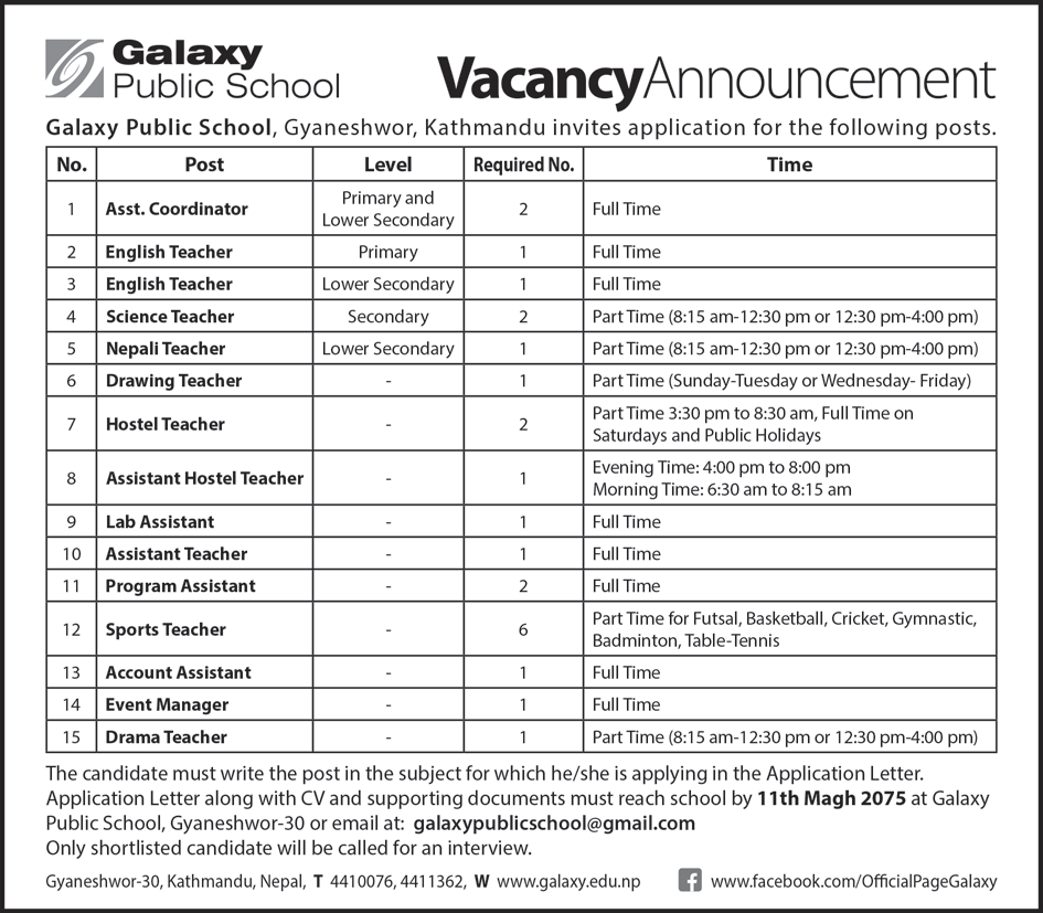 Galaxy Public School Vacancy