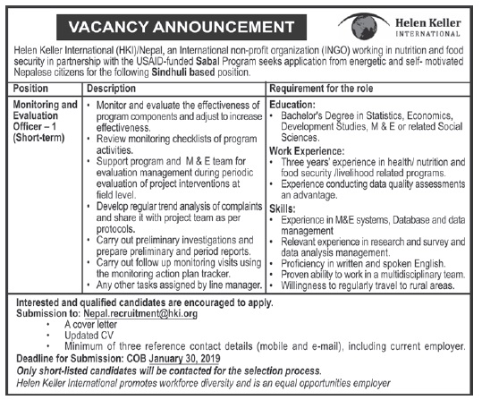 Helen Keller IntergenerationalNepal Vacancy