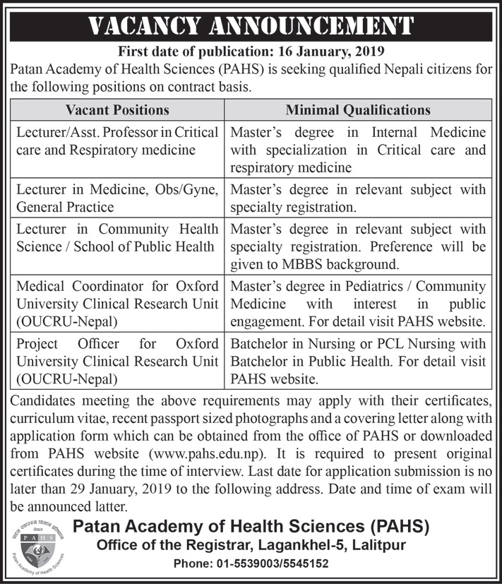 Patan Academy of Health Sciences Vacancy Notice