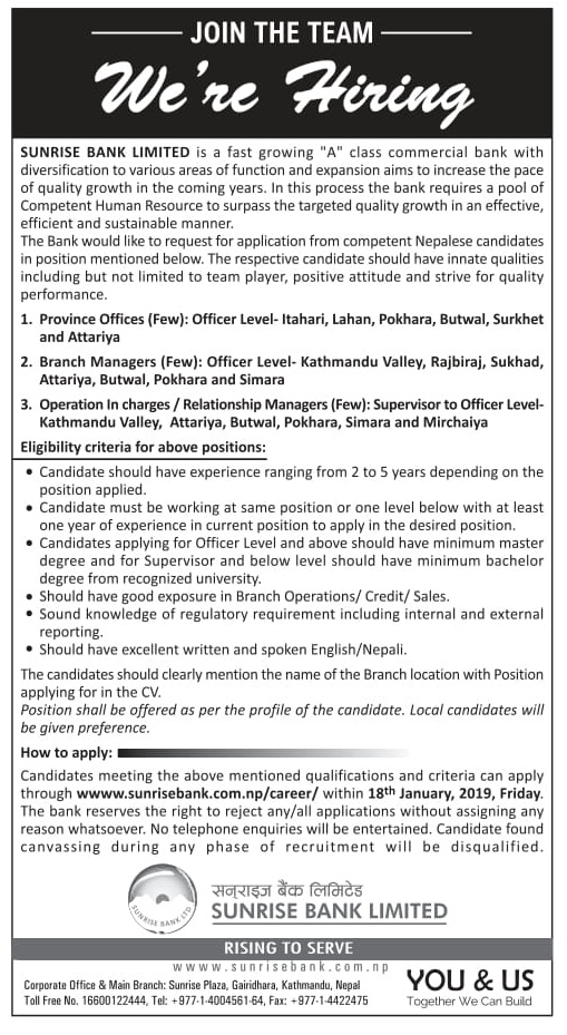 Sunrise Bank Limited Vacancy