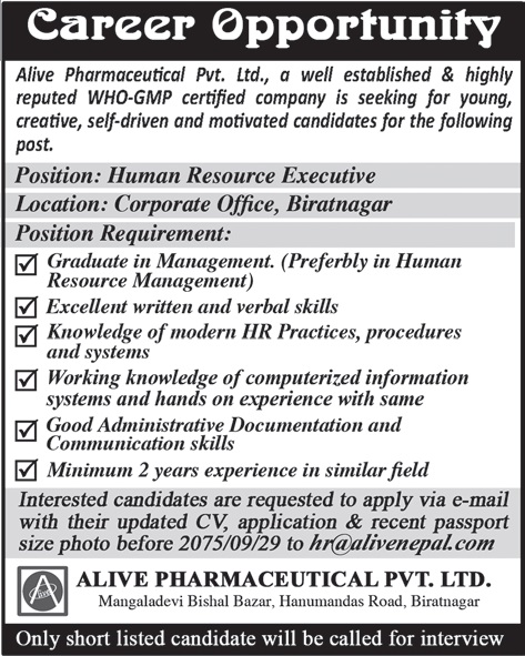 Vacancy Notice from Alive Pharmaceutical