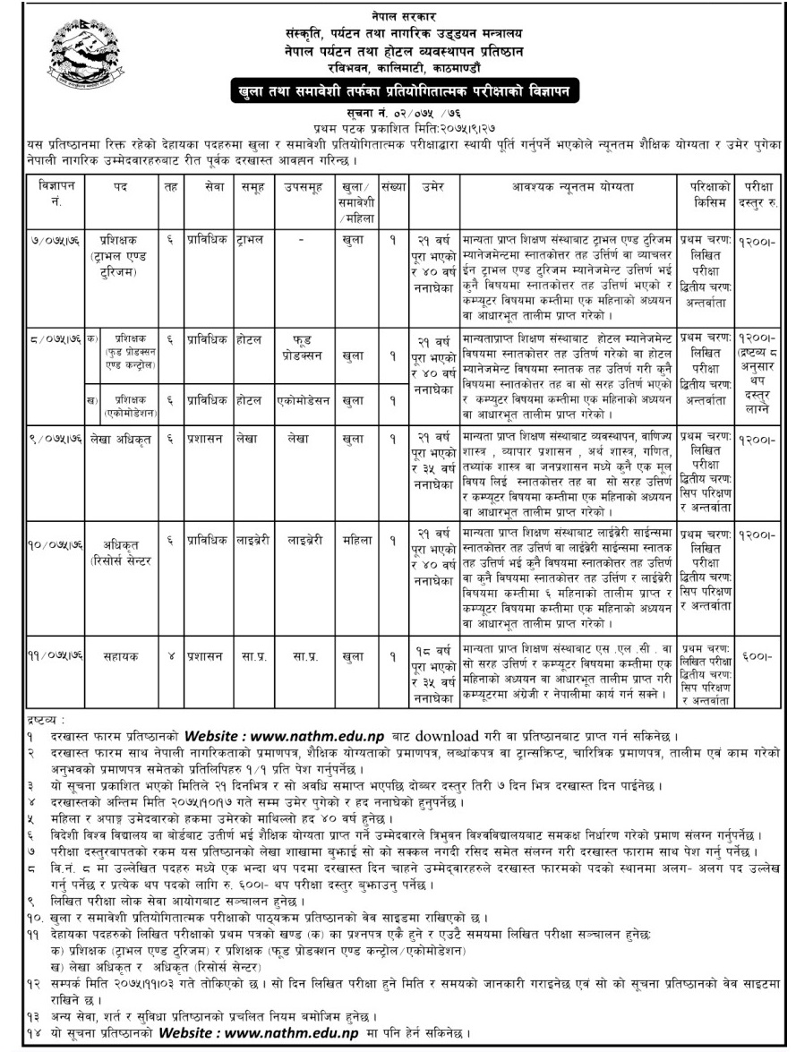 Vacancy from Nepal Academy of Tourism and Hotel Management