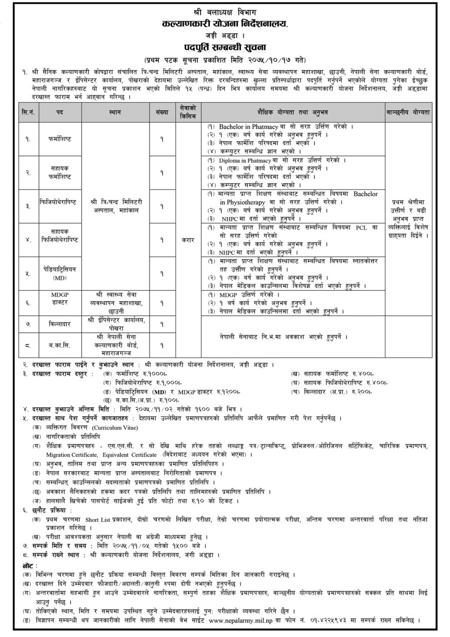 Vacancy from Nepal Army Welfare Directorate