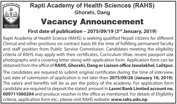 Vacancy from Rapti Academy of Health Sciences