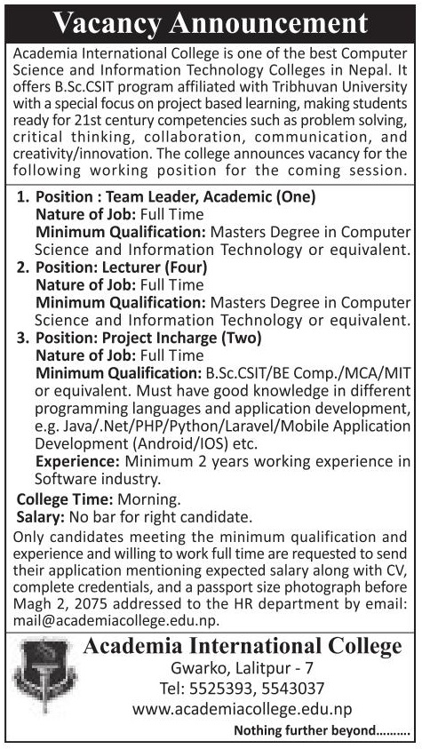 Vacancy notice from Academia International College