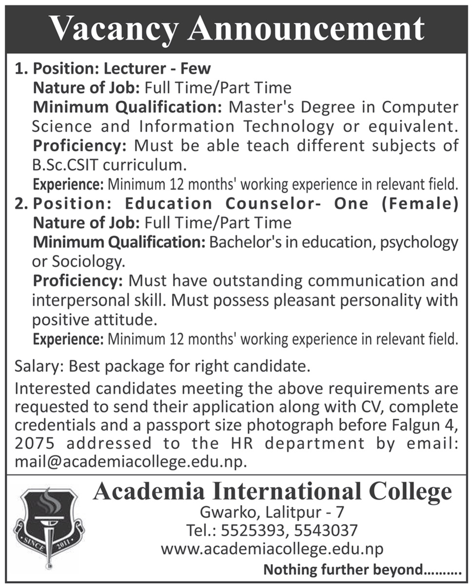 Academia International College Vacancy