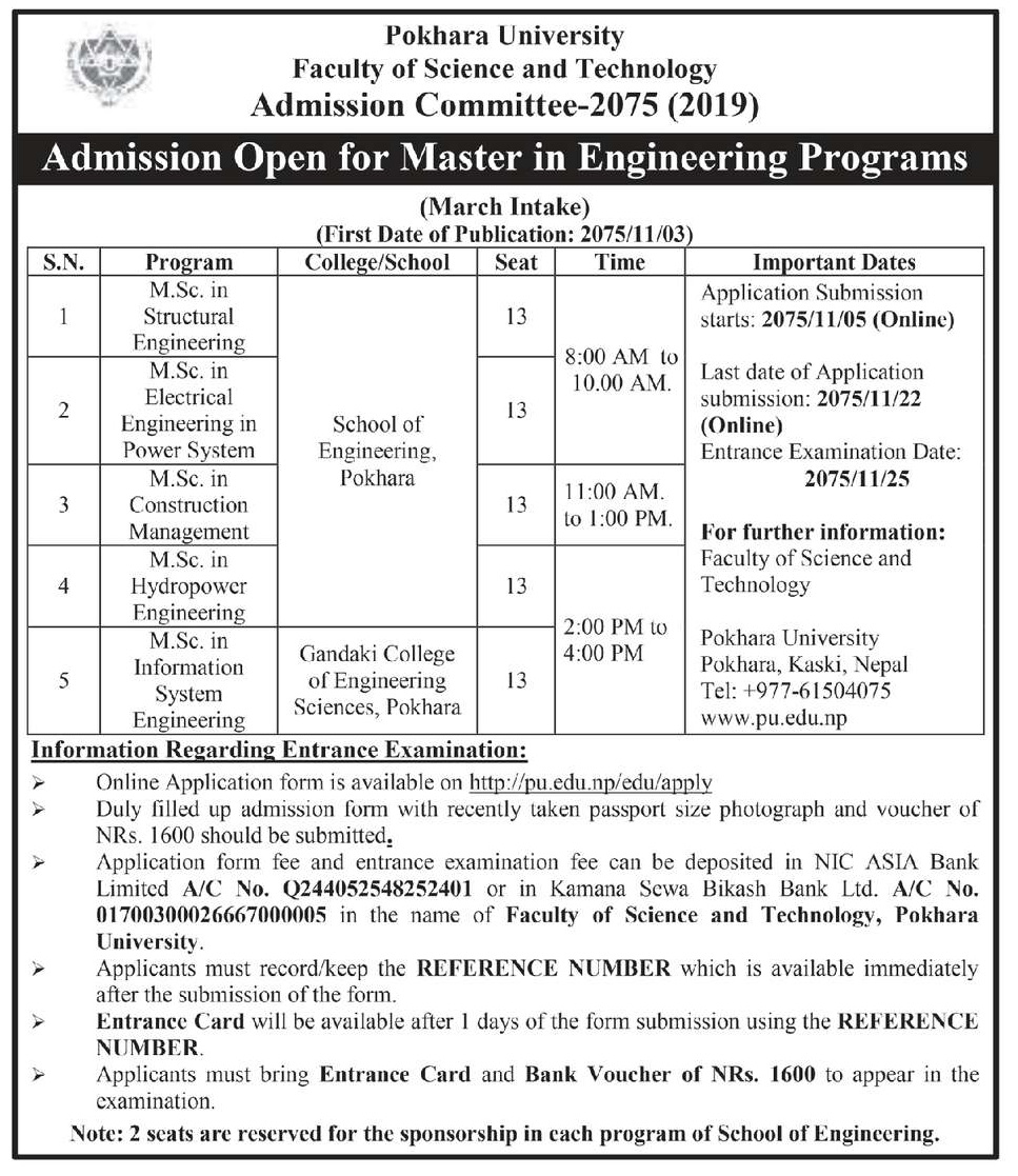 Admission Open for Master in Engineering at Pokhara University