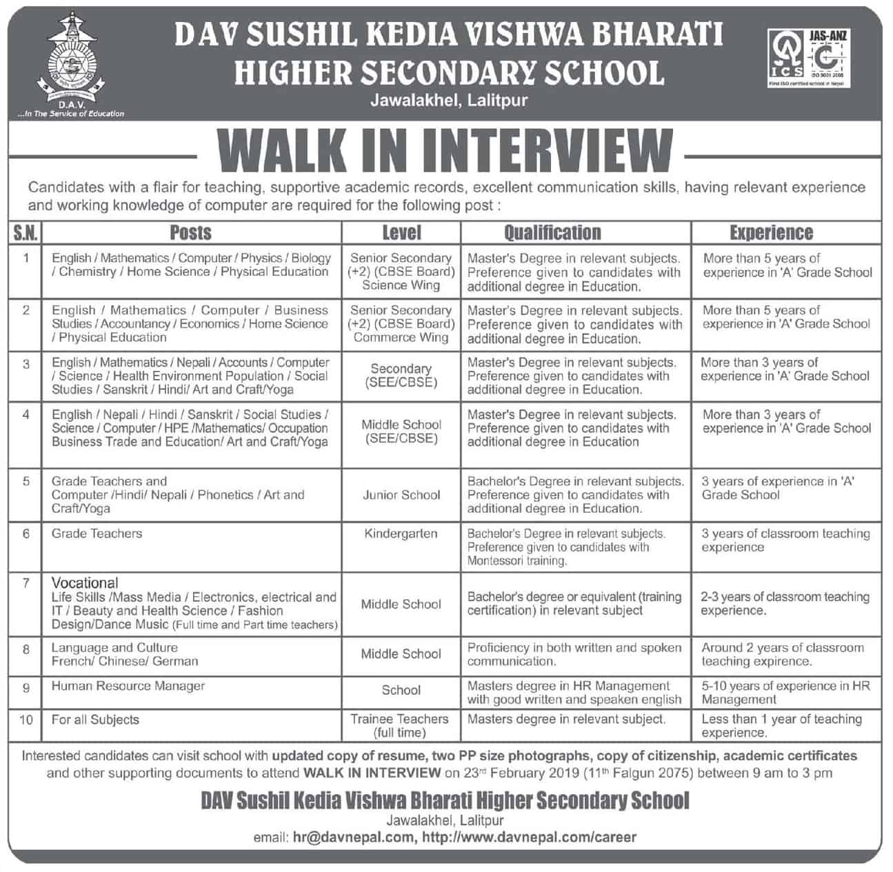 DAV Sushil Kedia Vishwa Bharati School Vacancy