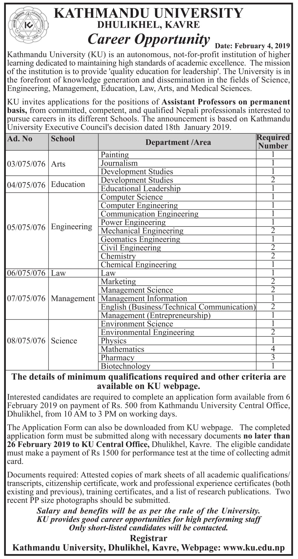 Kathmandu University Vacancy Notice