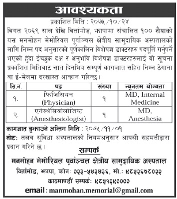 Manmohan Memorial Community Hospital Birtamode Vacancy