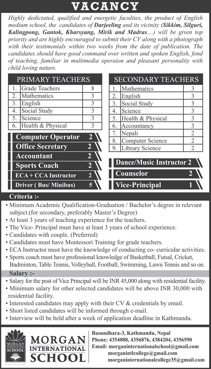 Morgan International School Vacancy