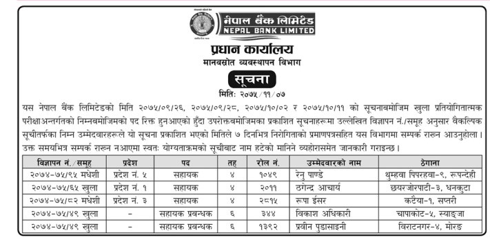 Nepal Bank Limited Alternative Candidate Selection Notice